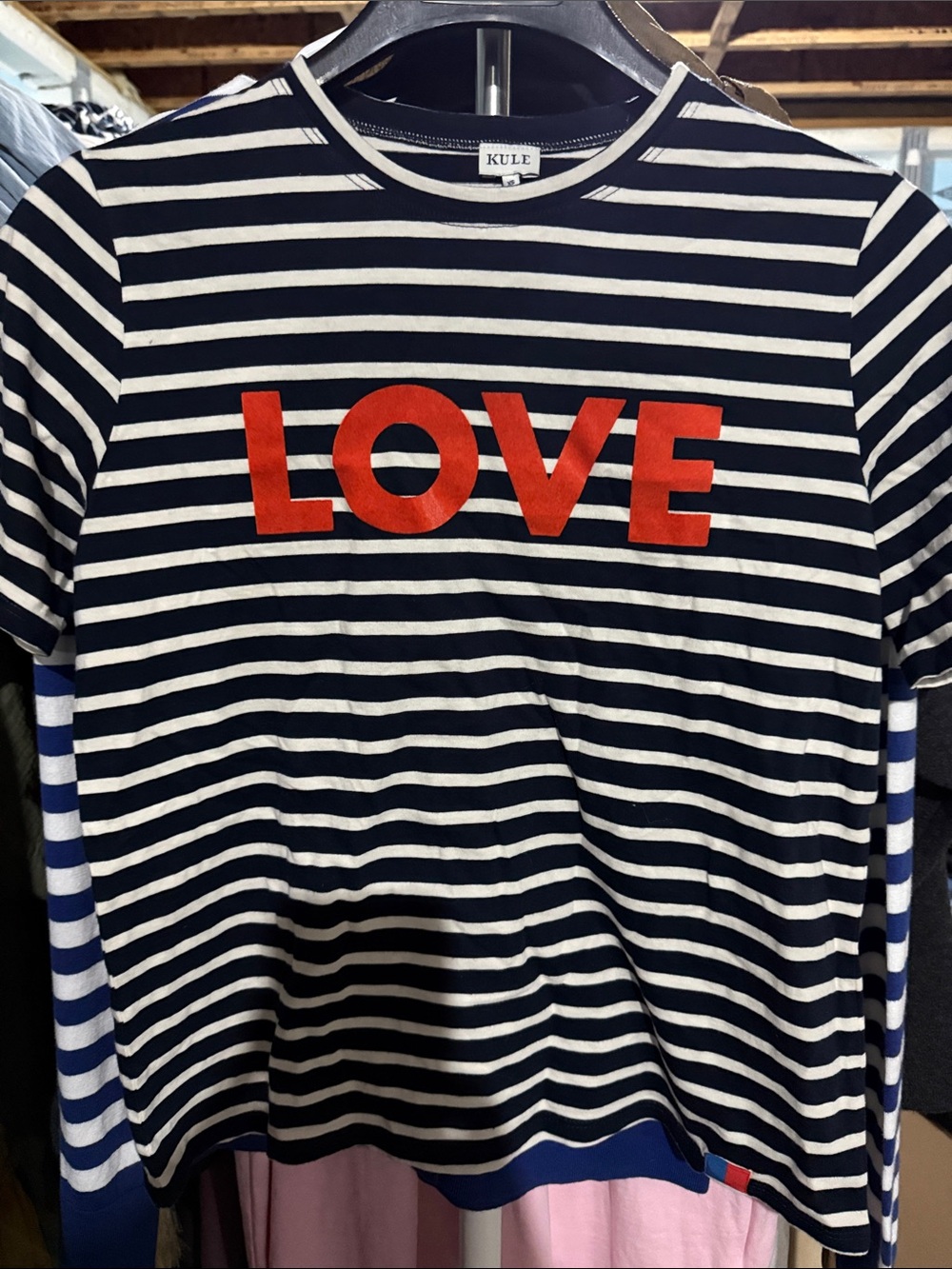 KULE Navy & White Striped Short-Sleeve Tee with Red LOVE Applique